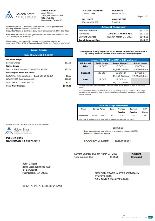 download USA California Golden State Water Company utility bill template in .doc and .pdf format PDF template